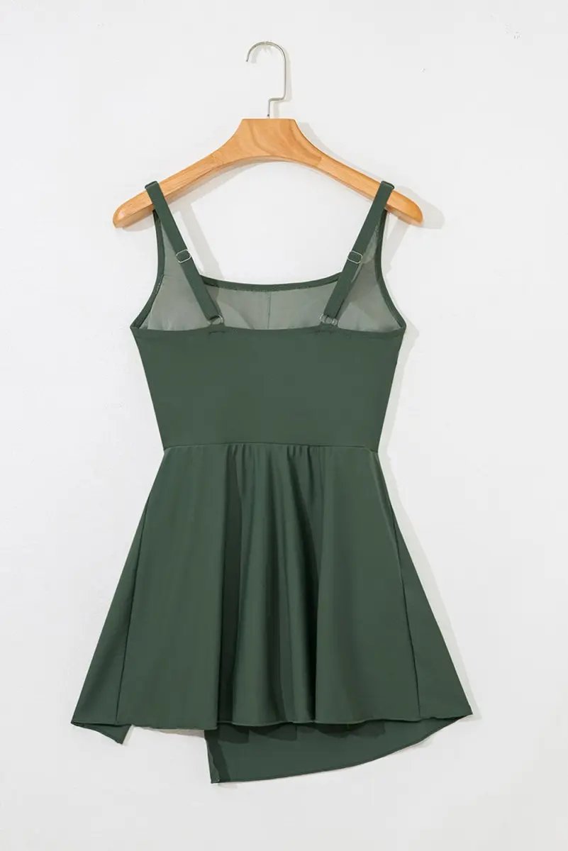 Mist Green Side Tied Waist Square Neck Adjustable Straps A-line One Piece Swim Dress - Love Salve